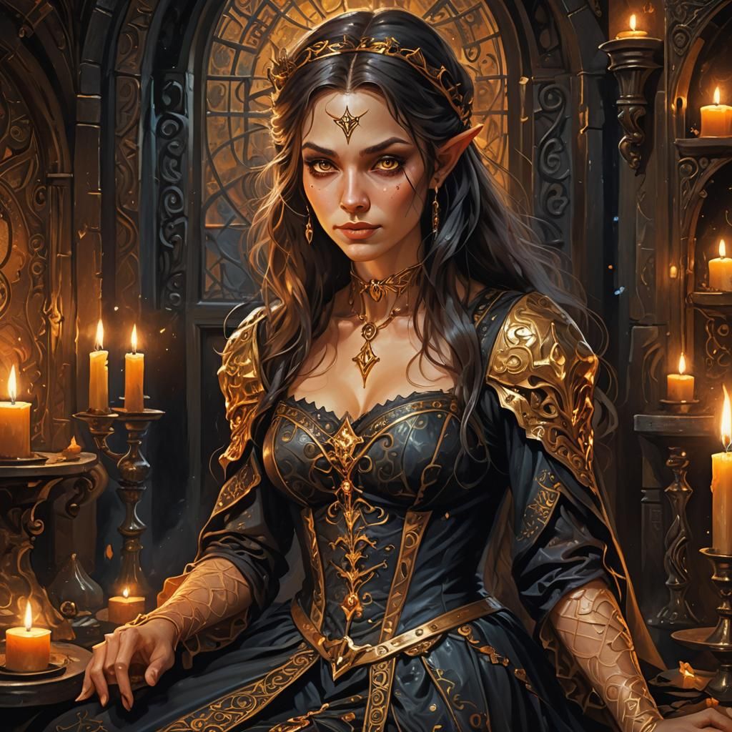 Enchanting Half-Elf Witch in Art Nouveau Style