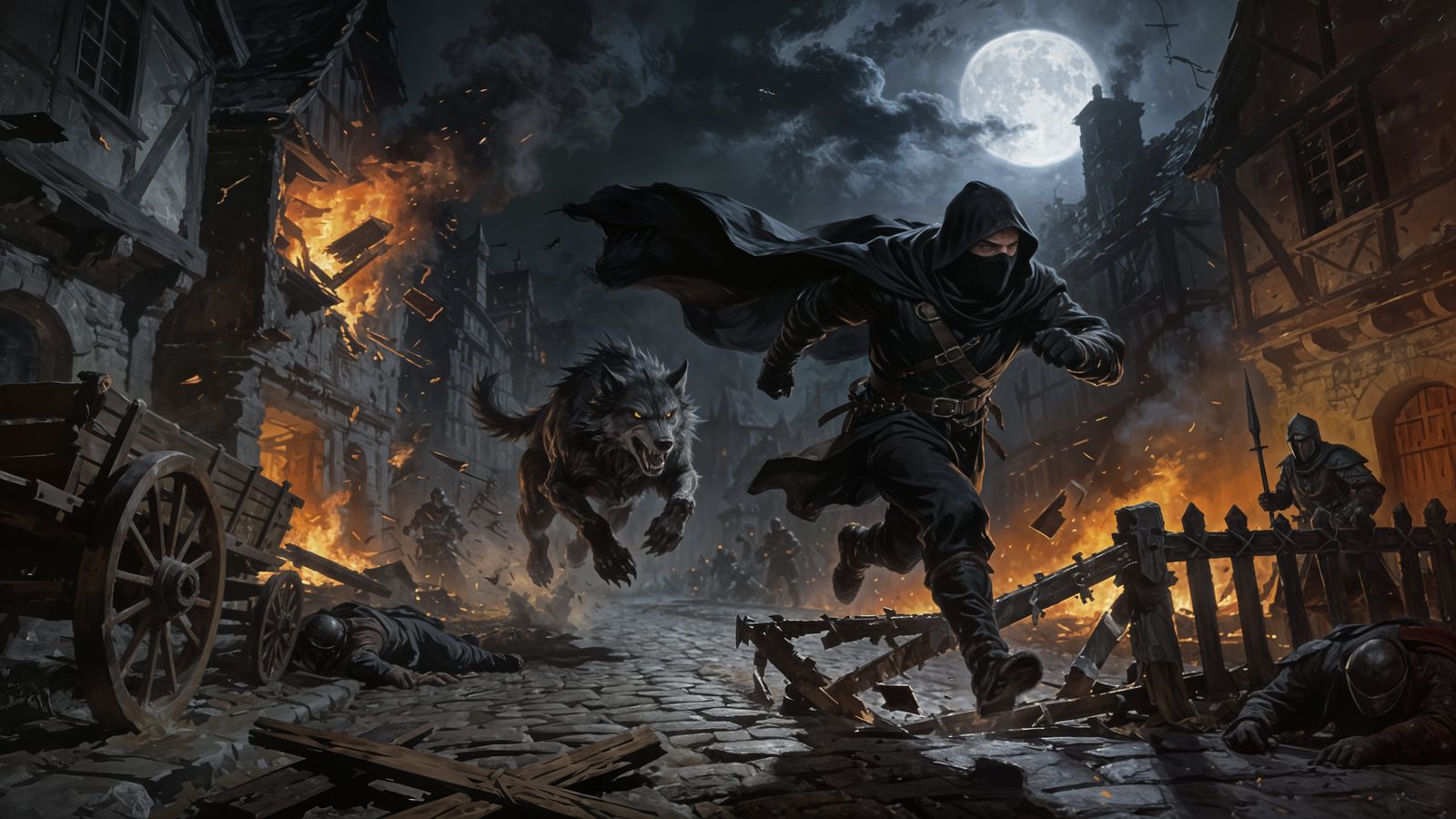 Dark Fantasy Thief Evades Werewolf in Burning City
