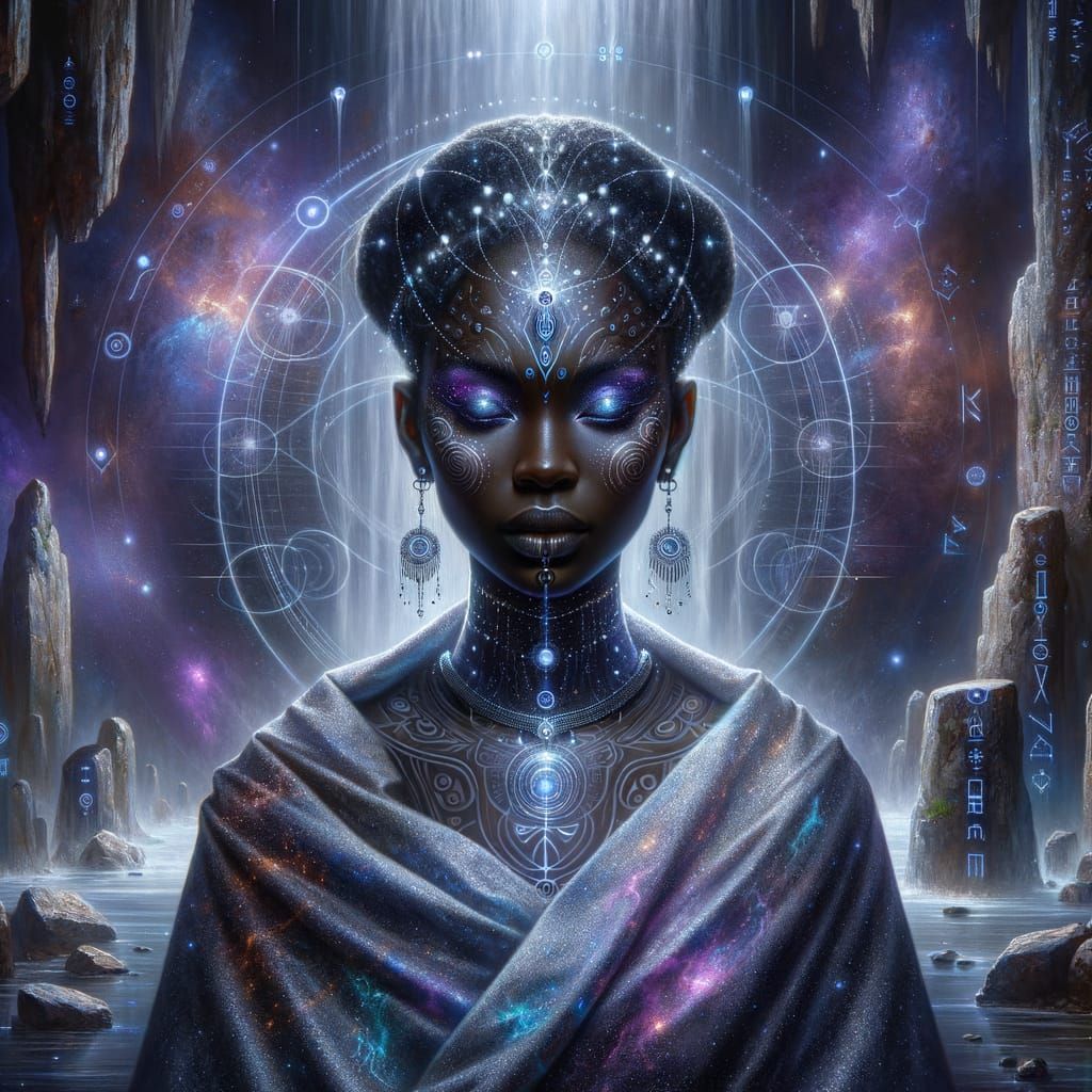 Hyperrealistic Afrofuturist Oracle in Gouache