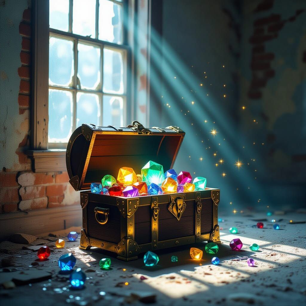 Treasure Chest Overflowing with Gems in Abandoned Gallery