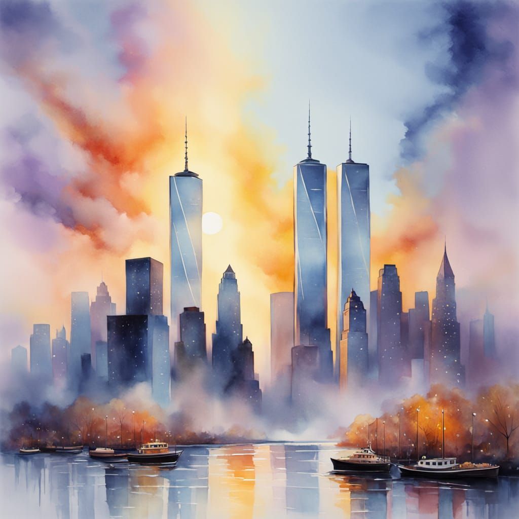 Watercolor Twin Towers at Dawn: A Dreamlike Reverie