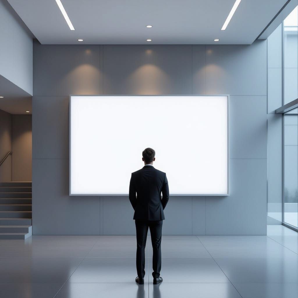 Minimalist Interior with Businessman and Blank Billboard