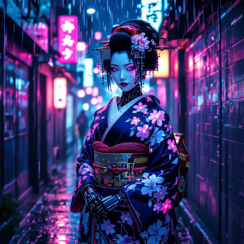 Gothic Cyberpunk Geisha in Neon Alleyway