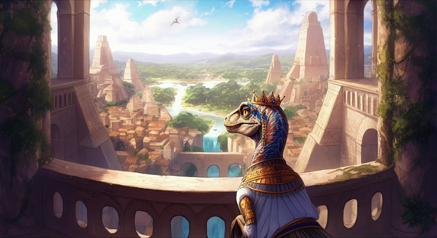 Princess Velociraptor Overlooks Aztec Cityscape
