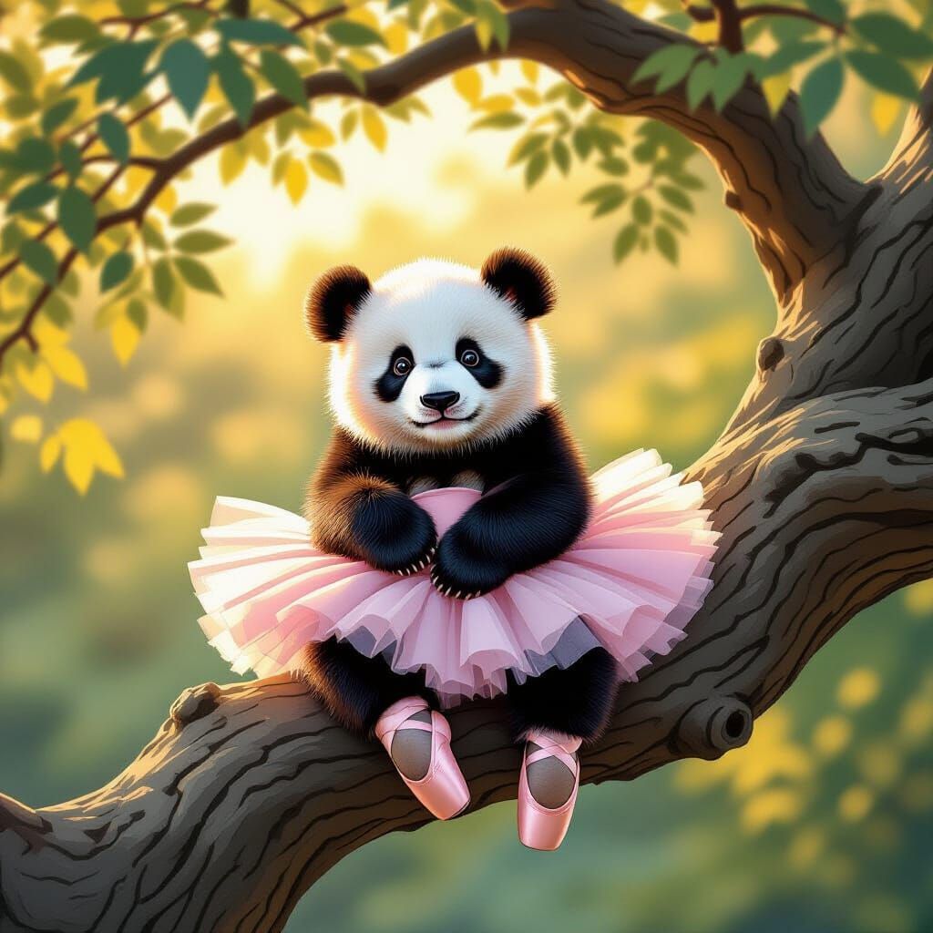 Panda in Tutu on Tree Branch in Golden Hour Light