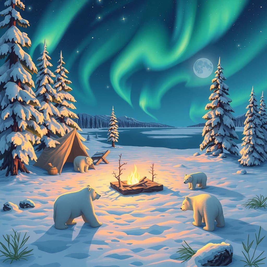Enchanted Winter Wonderland with Polar Bears and Aurora
