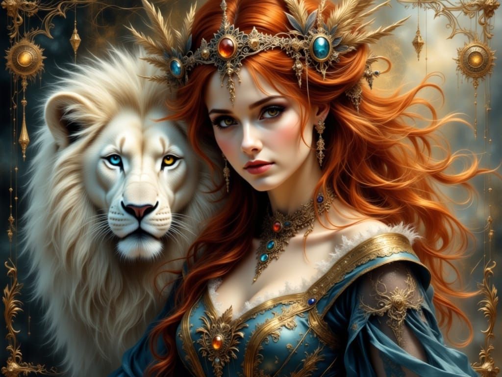 Red-Haired Sorceress with White Lion