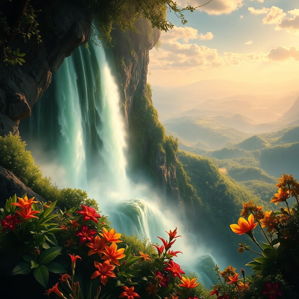 Crystal Clear Waterfall in Emerald Landscape