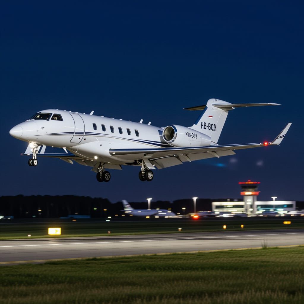 Private Jet Landing at Night Airport