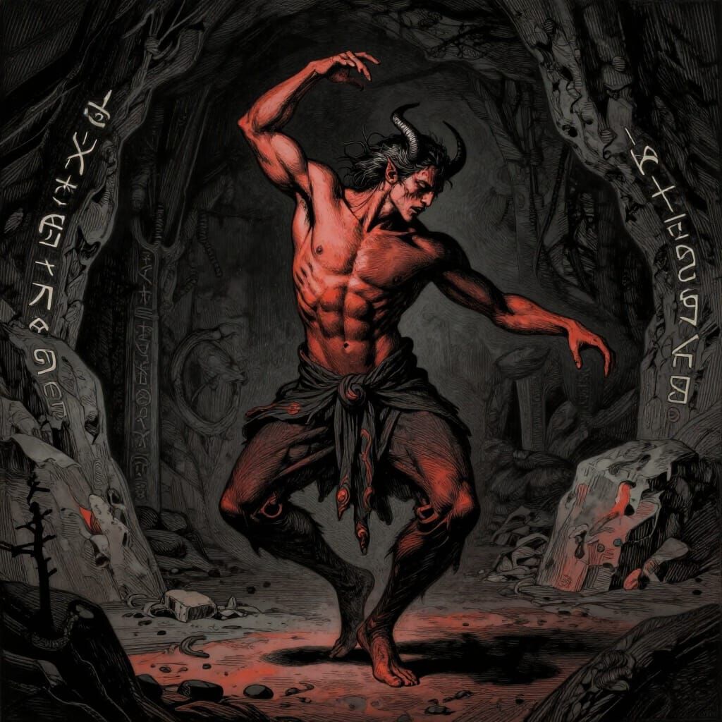 Demonic Figure Dances in Ancient Cavern