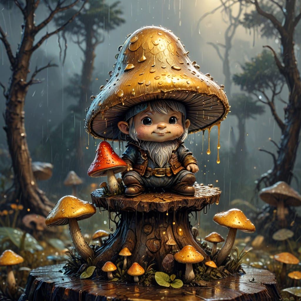 Whimsical Dwarf on Mushroom in Rain, Ink Drawing Style