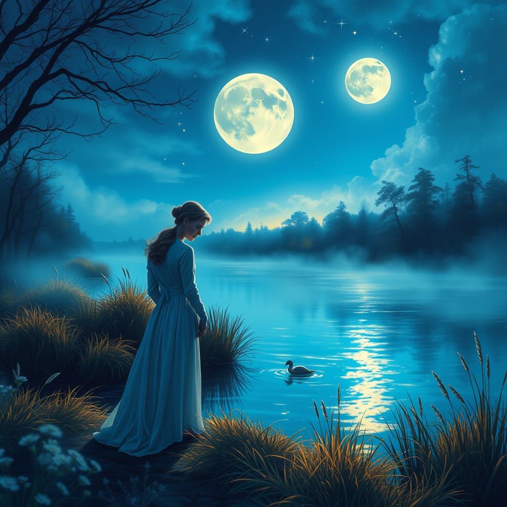 Romantic Couple by Moonlit River in Ethereal Clearing