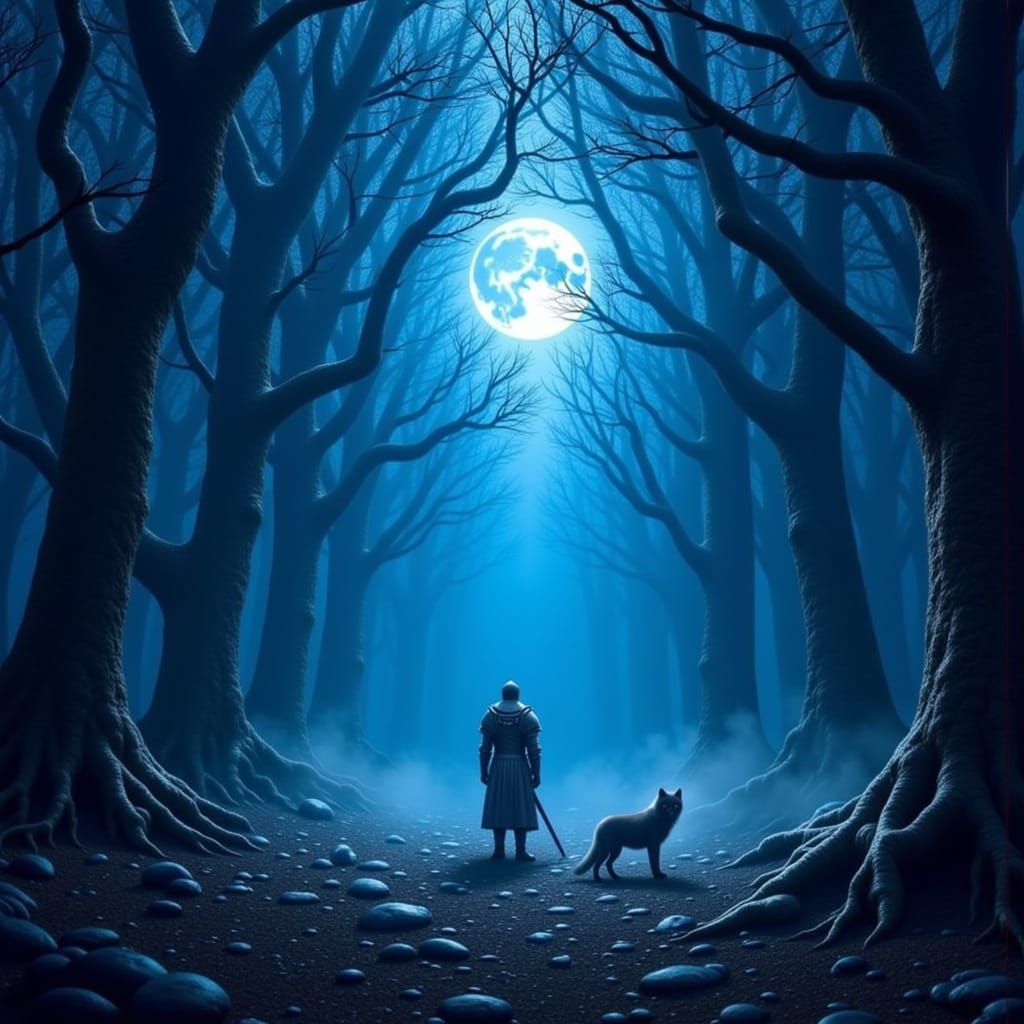 Mystical Forest Knight and Spectral Wolf in Moonlight
