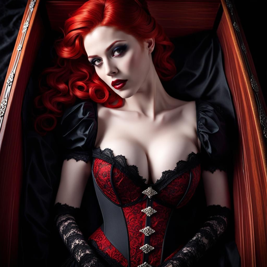 Redhead Vampire in Coffin: Gothic Photorealistic Art