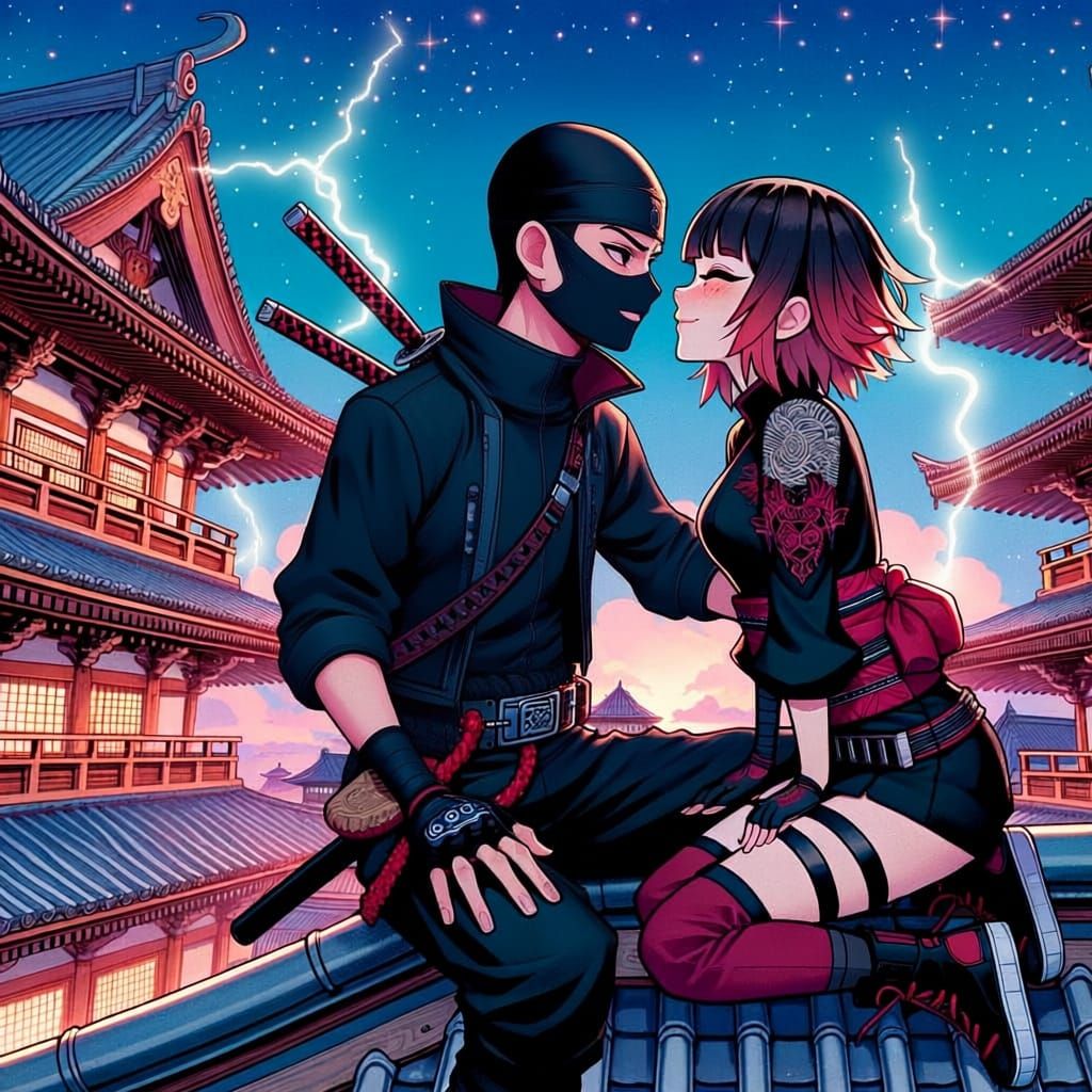 Anime Couple's Rooftop Kiss at Ancient Temple