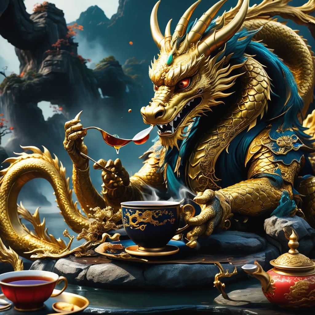 Golden Chinese Dragon Drinks Tea
