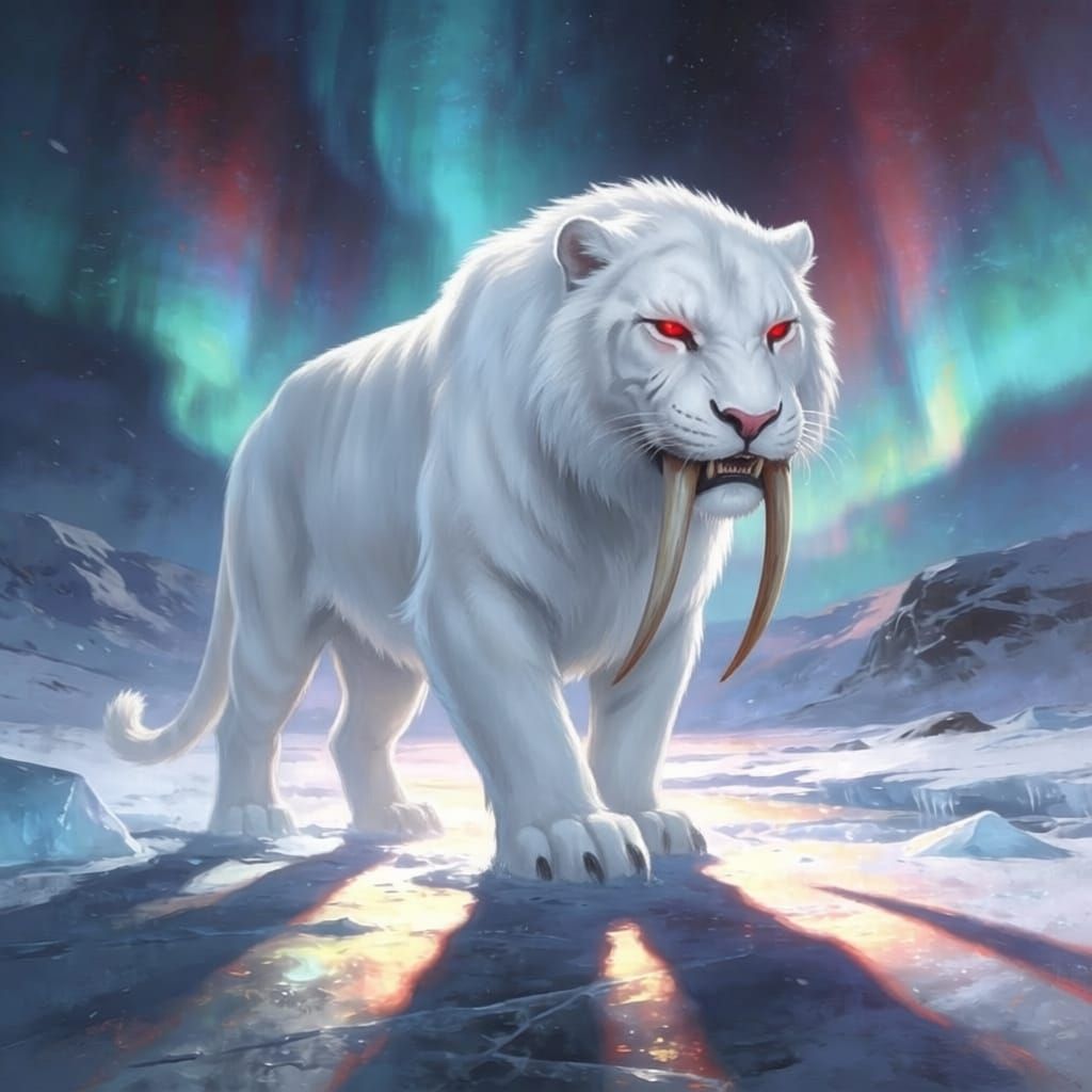 Majestic White Sabertooth Tiger With Long Tusks