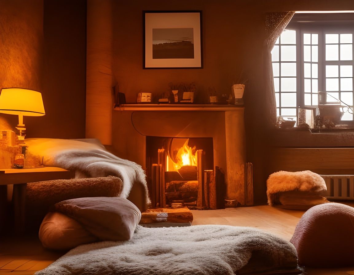 Cozy Cabin Scene with Warm Fireplace