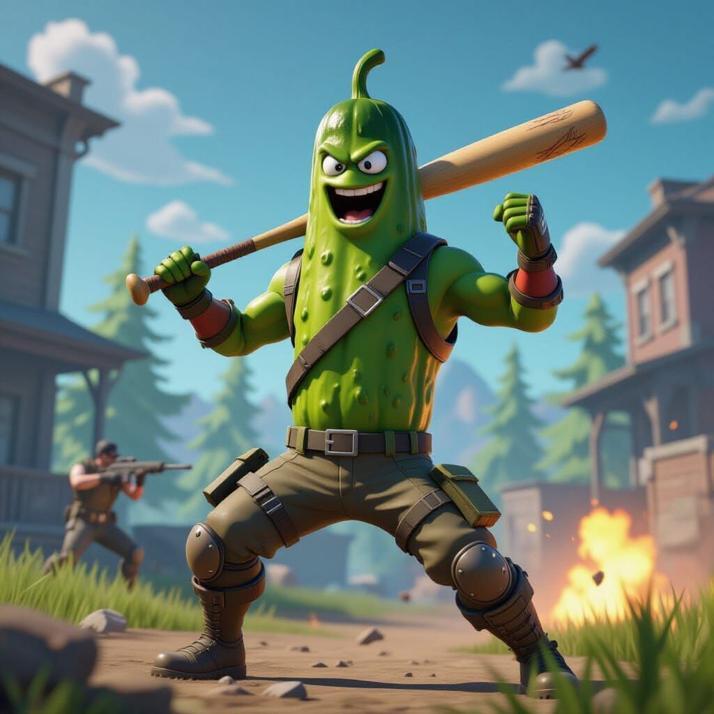 Dill the Pickle in Fortnite Pose with Bat on Battlefield
