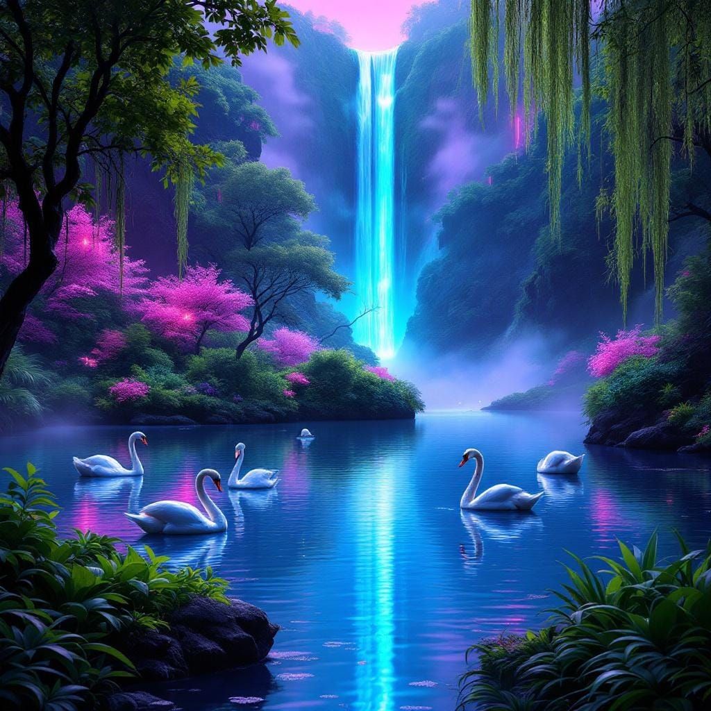 Synthwave Lake with Swans and Waterfall