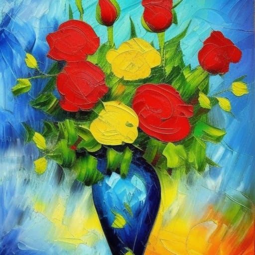 Colorful Roses in Vase: Neo-Impressionist Oil Painting