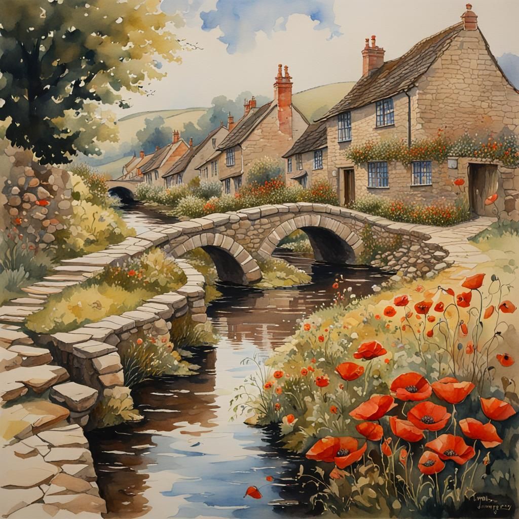 Mystical English Village in Watercolor and Ink