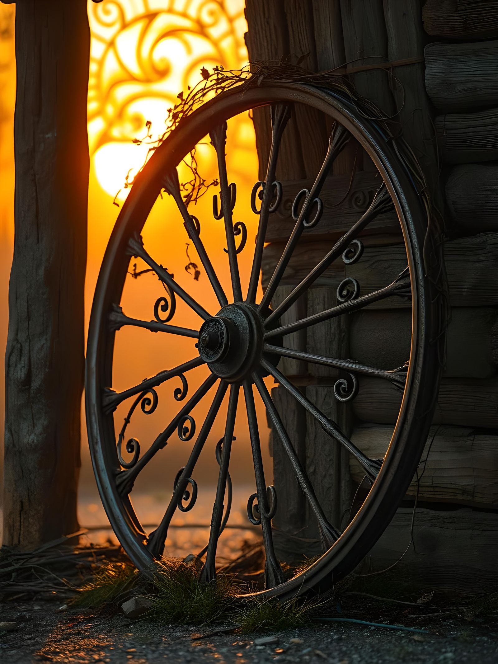 Weathered Iron Wheel at Sunset