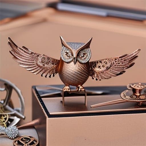 Rose Gold Owl Automaton Figurine, Elaborate Couture