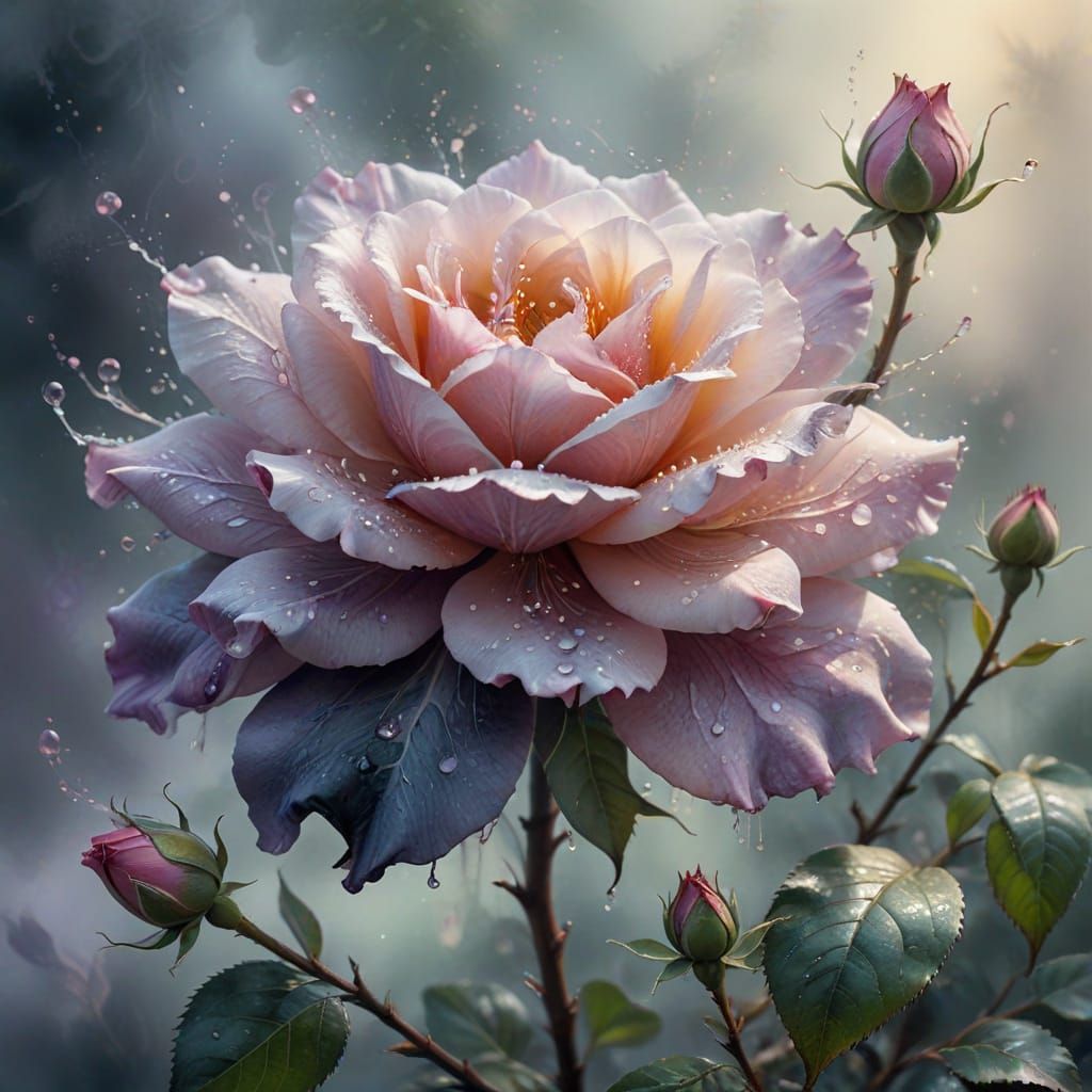 Ethereal Watercolor Tea Rose in Muted Mist