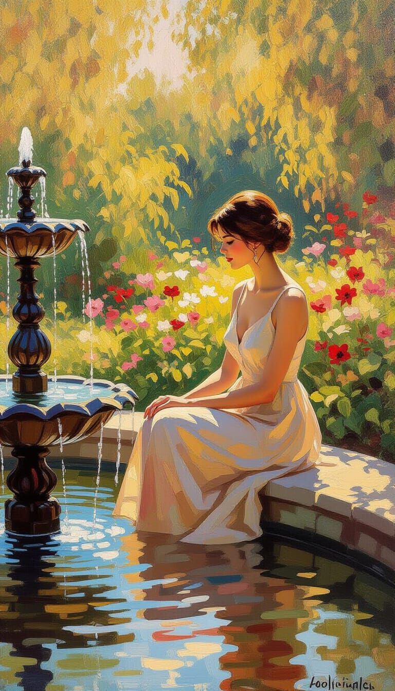 Woman in Garden by Fountain: Impressionist Style