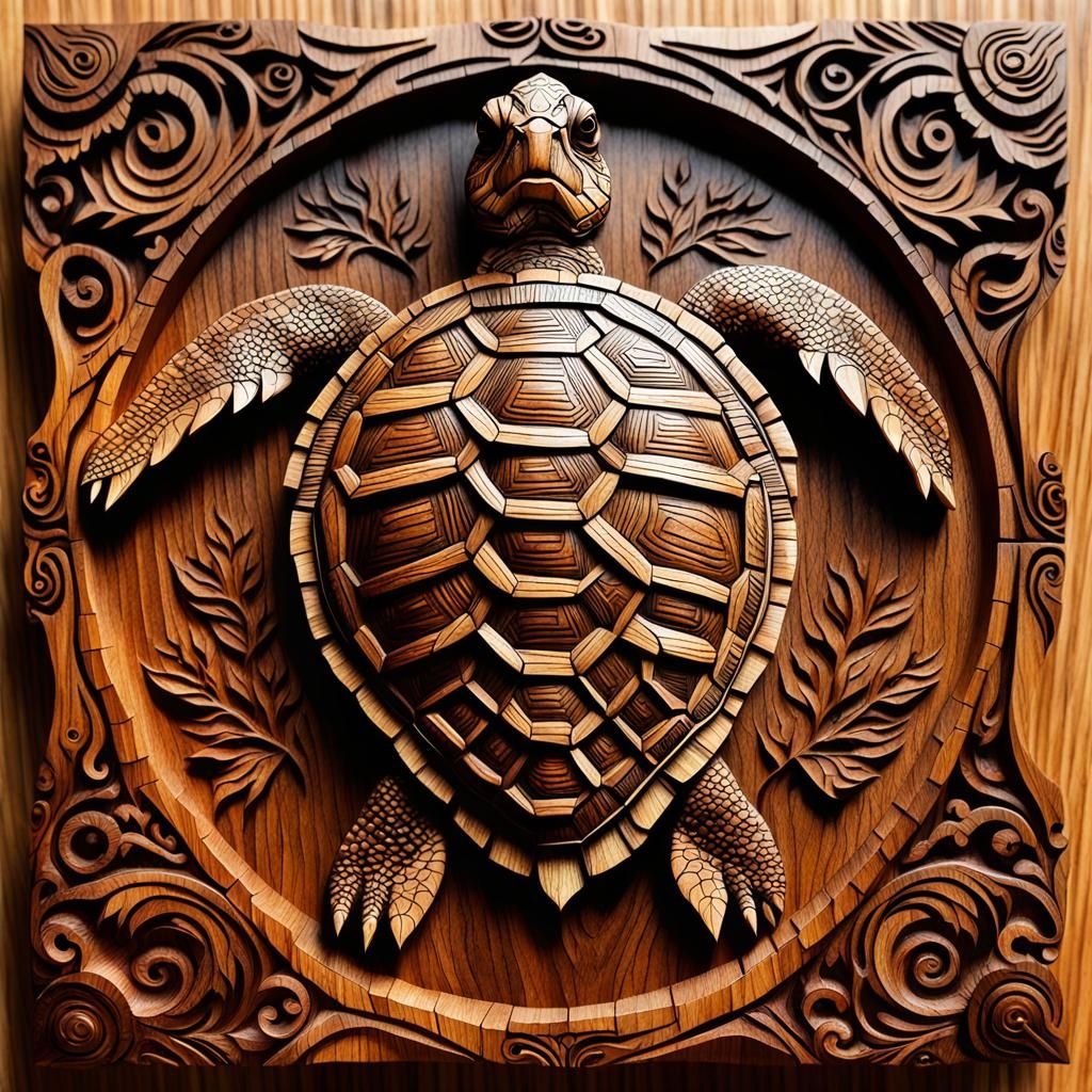 Fairytale Turtle Portrait in Wooden Carving Art