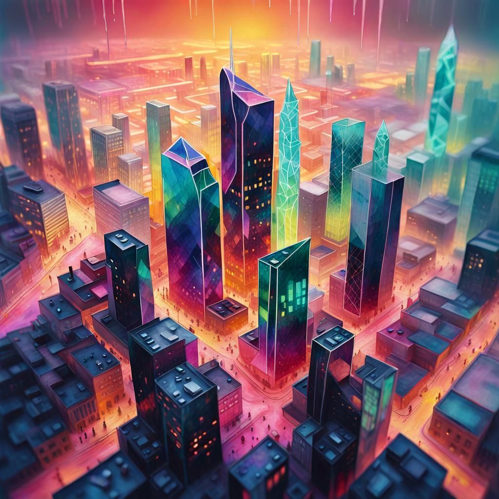 Surreal Urban Landscape with Crystal Glass Buildings