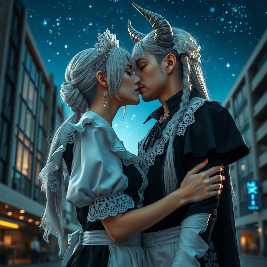 Hyperrealistic Maid and Frost Giant Kiss Under Starry Sky