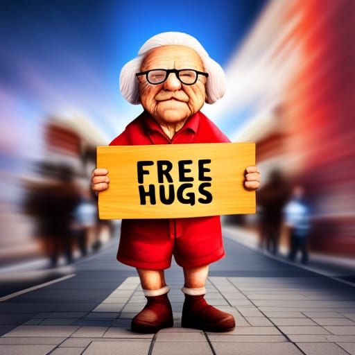 Grandfather gives " free hugs ".