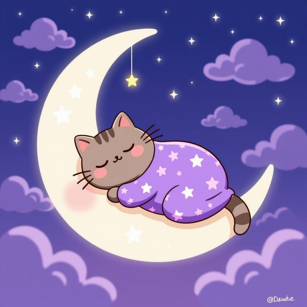 Kawaii Cat Sleeps on Moon in Starry Night Sky