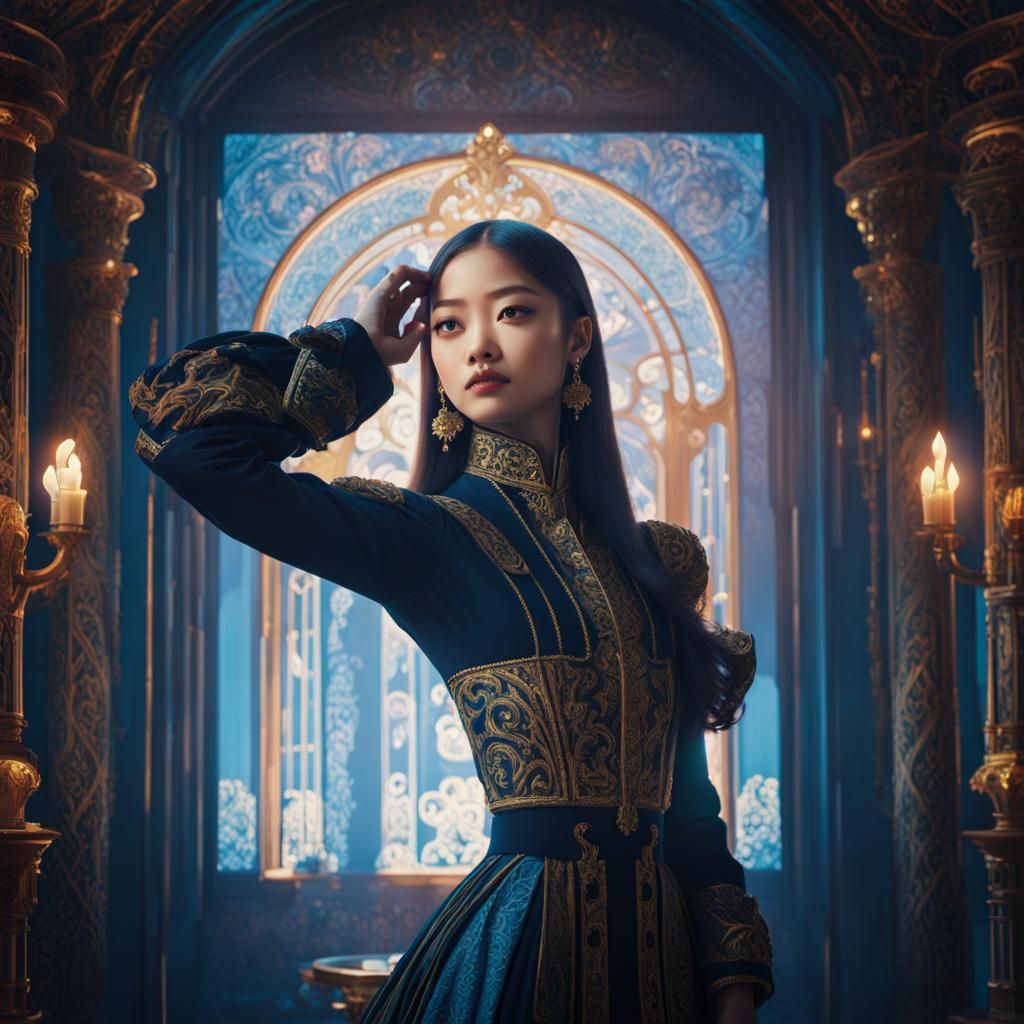 Confident Woman in Ornate Room with Neon Lights