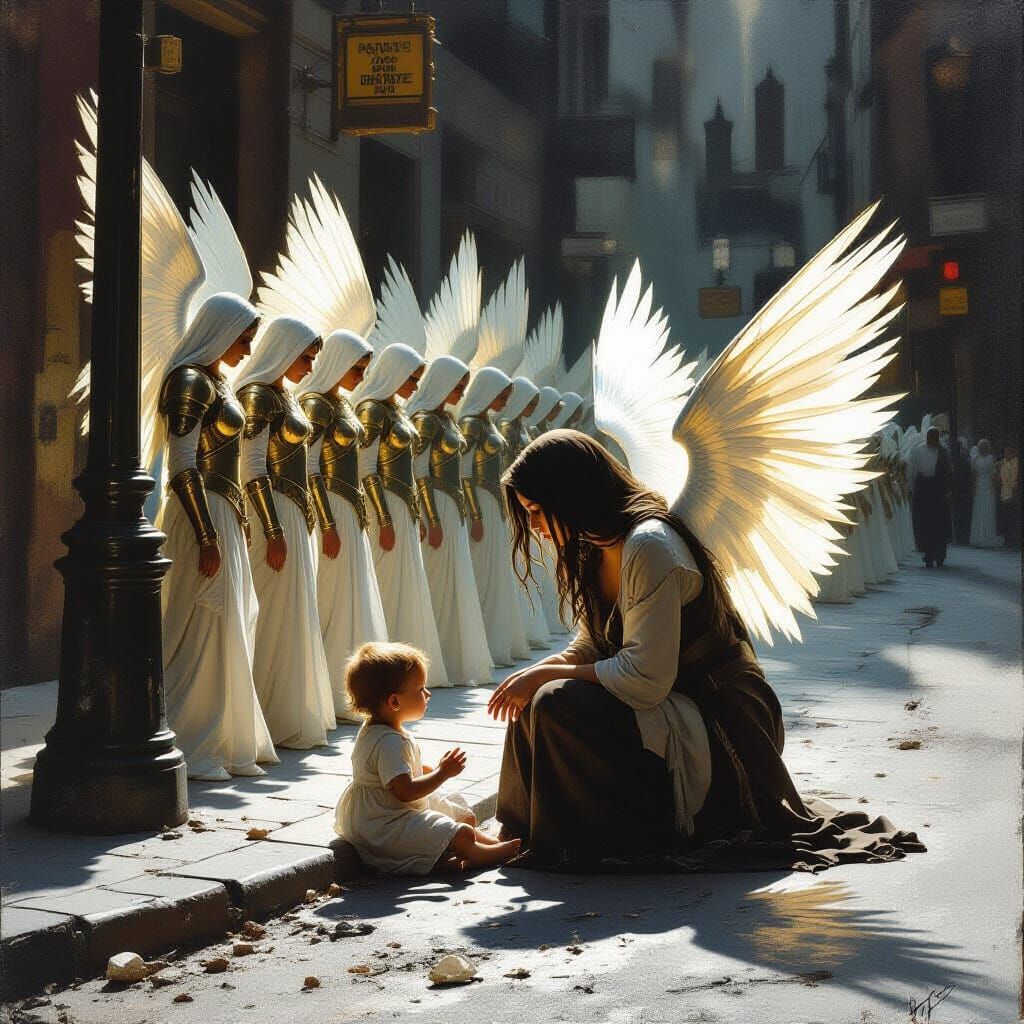 Angel Army Bows to Destitute Mother and Child