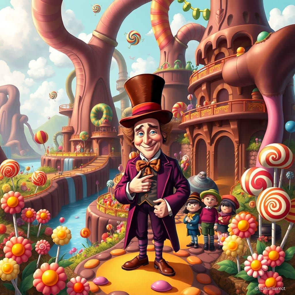 Dreamlike Wonka Chocolate Factory in Whimsical Illustration...