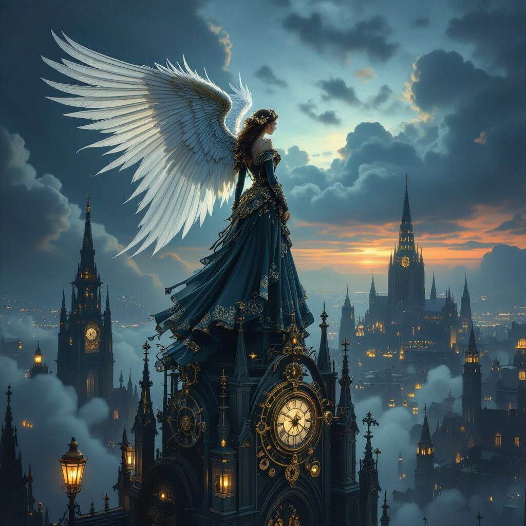 Clockwork Angel Over Steampunk Metropolis