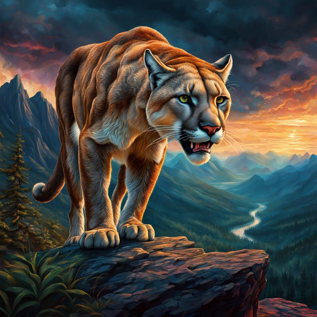 Menacing Cougar in Mountainous Landscape as Oil Painting