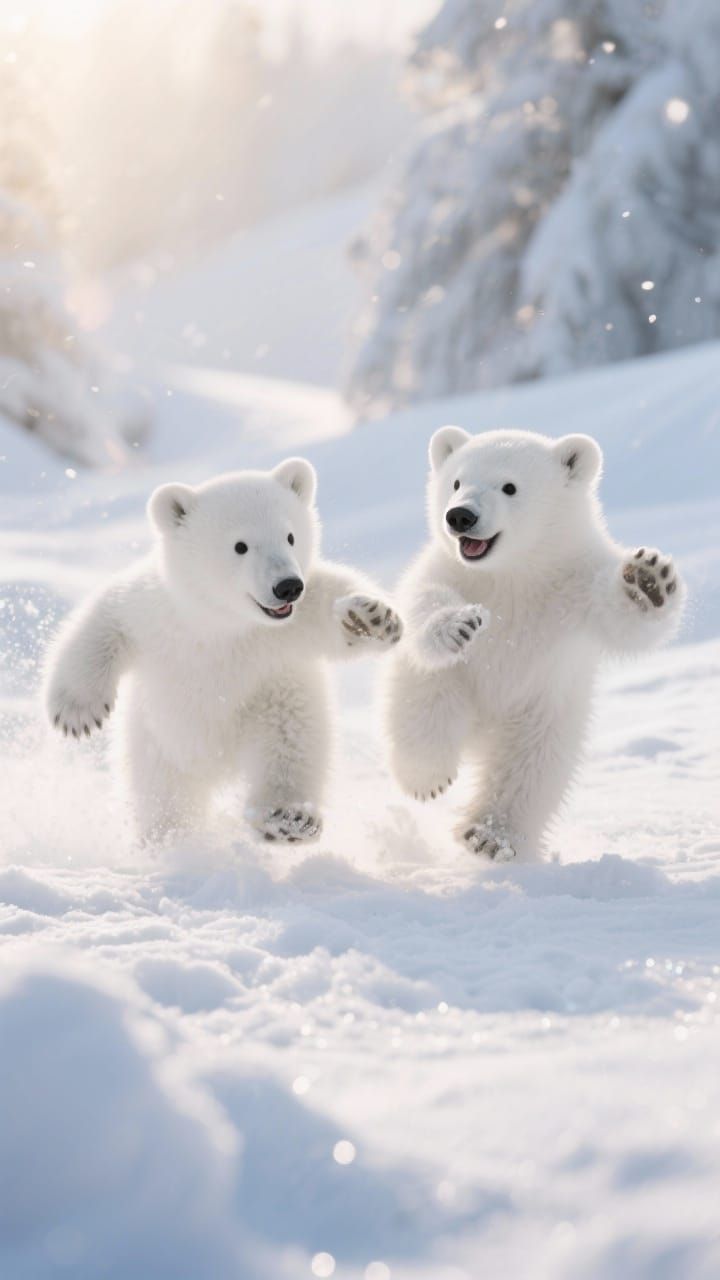 Playful Polar Bear Cubs in Sparkling Snow