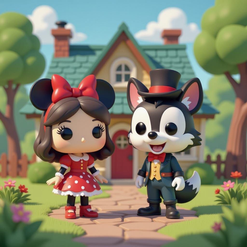 Funko Pop Figure Disney The Three Little Pigs Nif Naf and Nuf in front of the Big Bad Wolf's House in Disney World