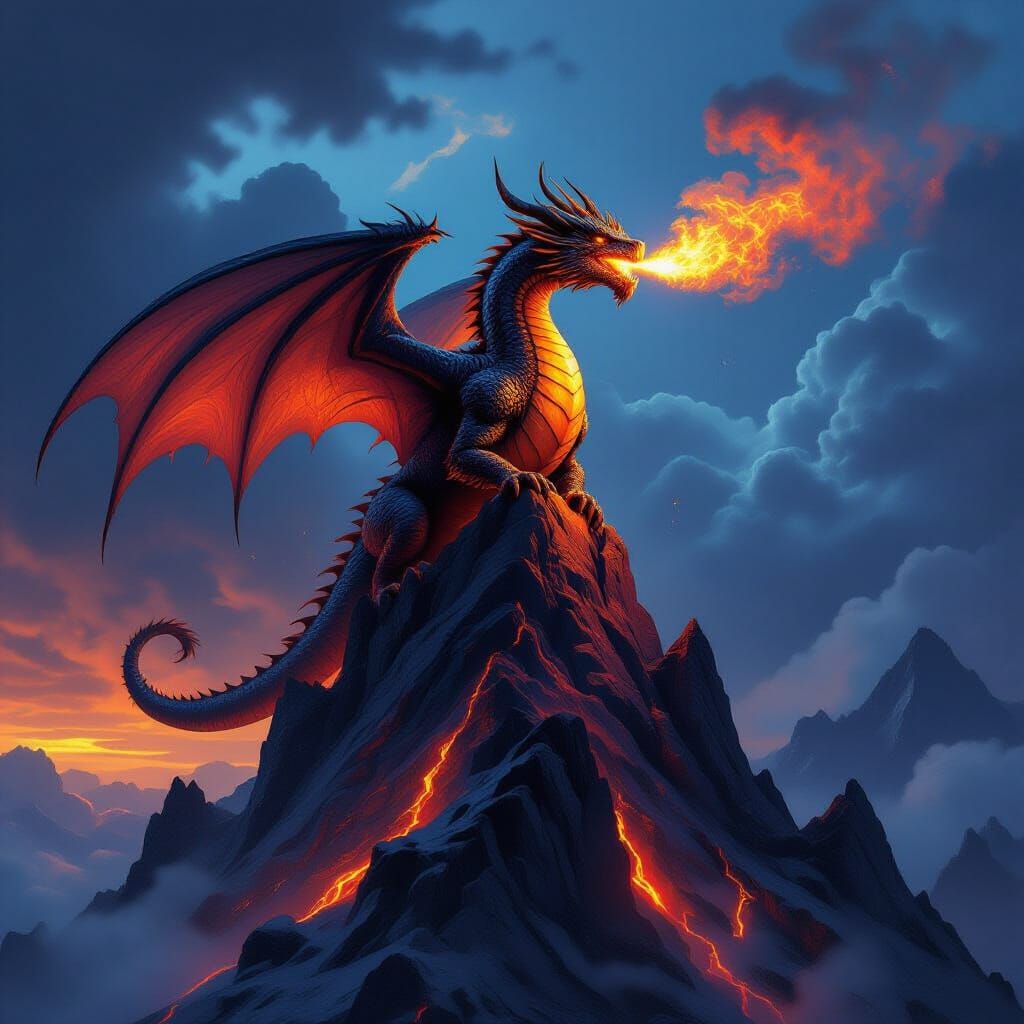 Majestic Fire Dragon on Volcanic Peak