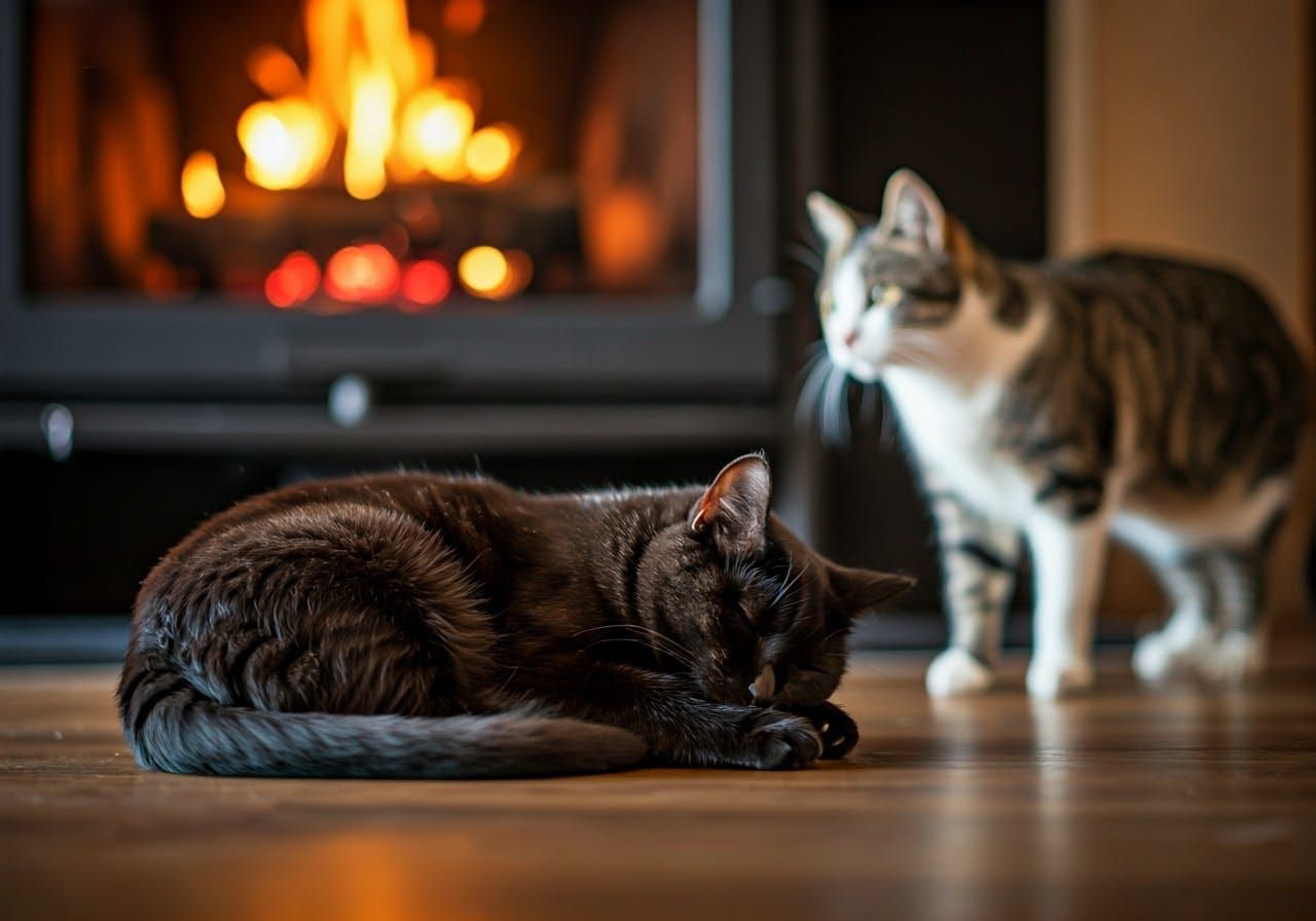 Whimsical Cats in Warm Winter Scene, in Photorealistic Detai...