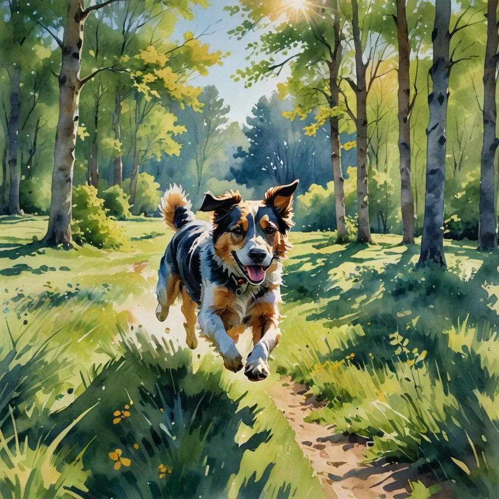 Dog Running in Field: Impressionist Watercolor Painting