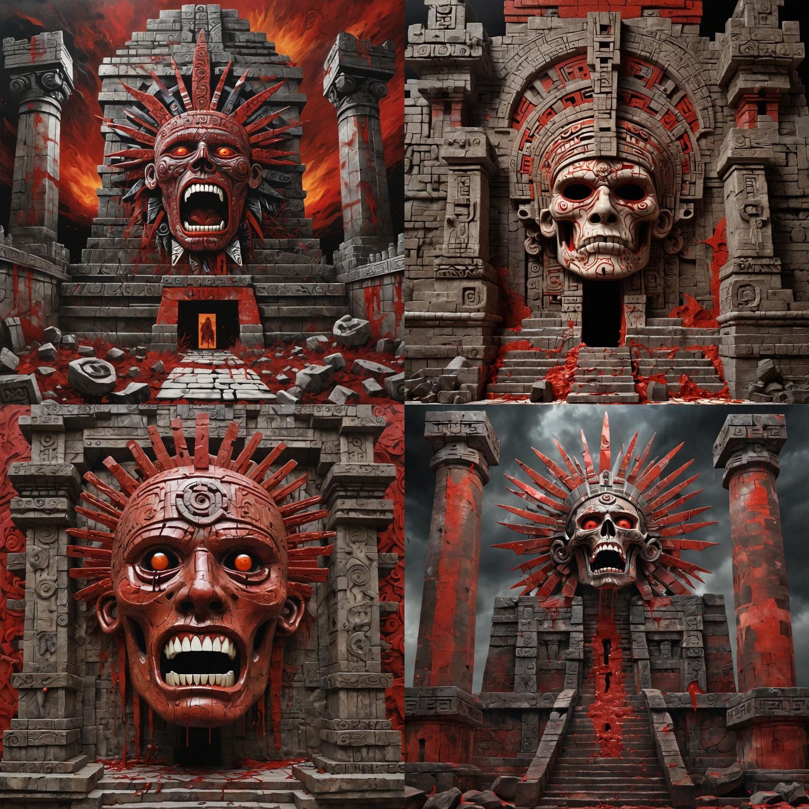 primal scream atop ancient Aztec temple. Visual horrors of war slaughter rendered...