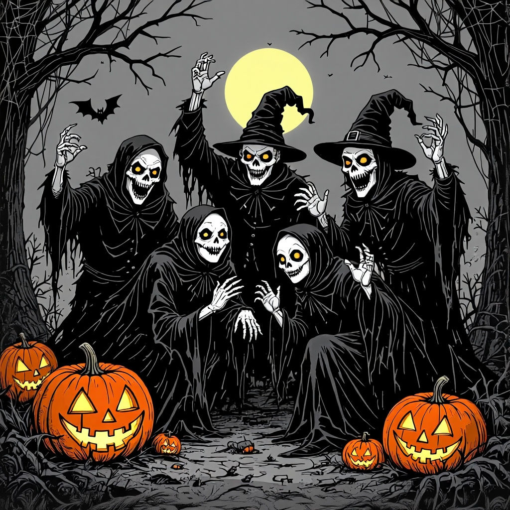 Monochrome Ghouls Celebrate Halloween: A Spooky Scene