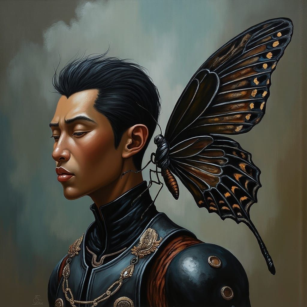 Futuristic Hero and Butterfly in Art Nouveau Style