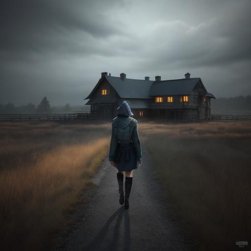 Resilient Woman on Country Property: Cinematic Film Still