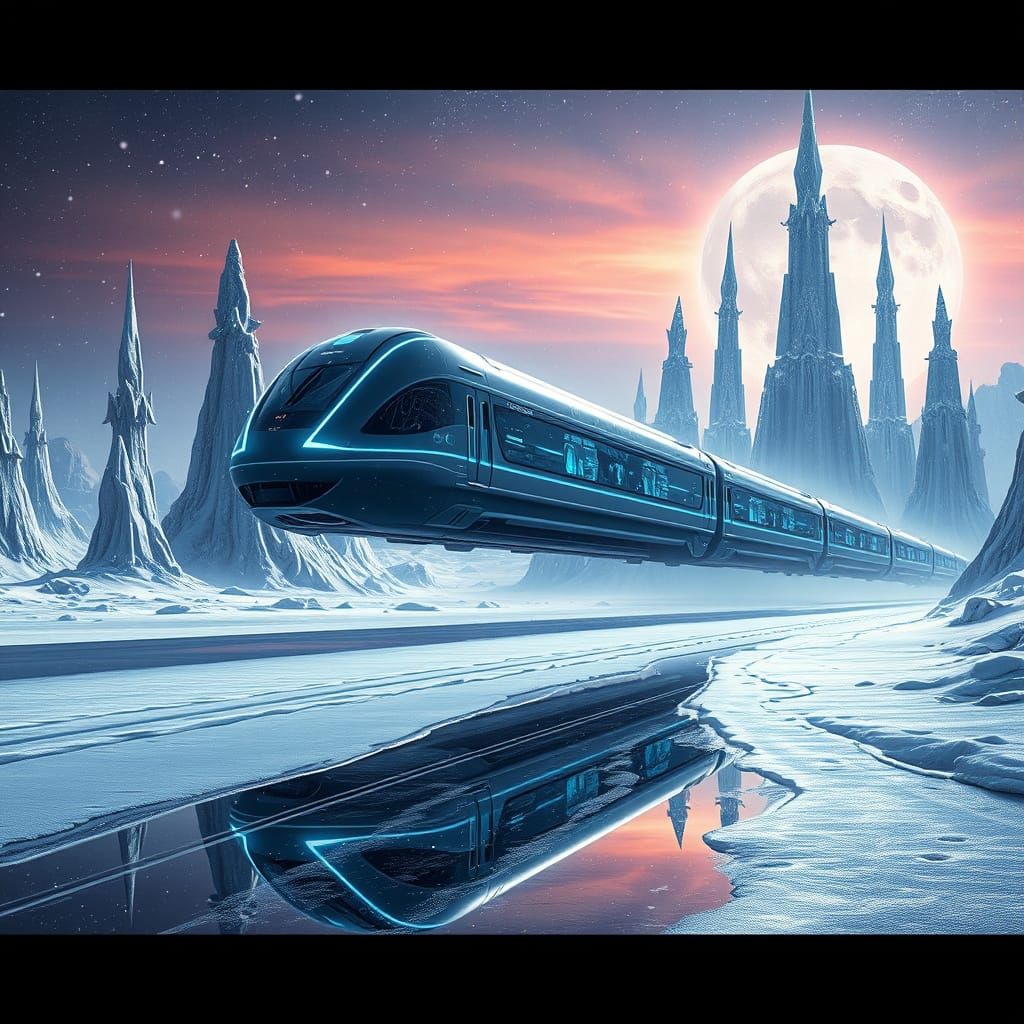 Futuristic Alien Train in Snowy Bioluminescent World
